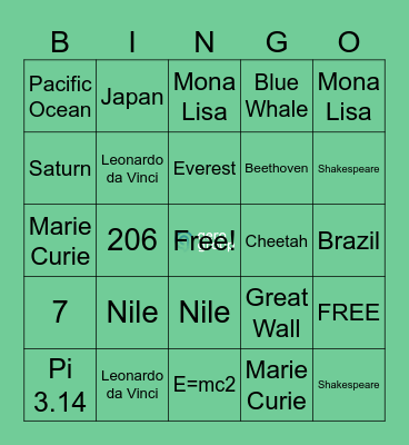 Quick Bingo Trivia Bingo Card