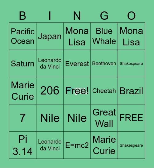 Quick Bingo Trivia Bingo Card