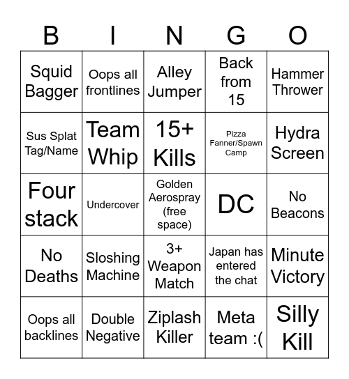 Splatoon Open Bingo Card