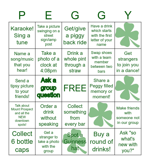 Saint Peggy's Day Bar Crawl Bingo Card