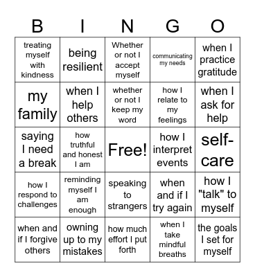 Things I Can Control Bingo Card