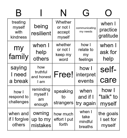 Things I Can Control Bingo Card