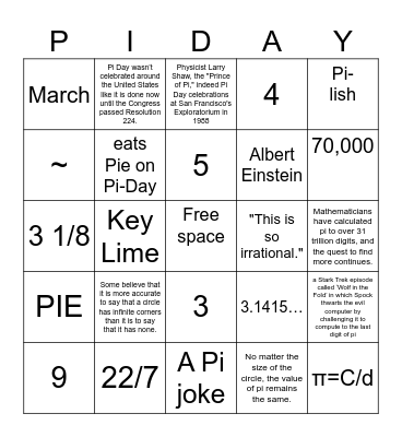 PI-DAY Bingo Card