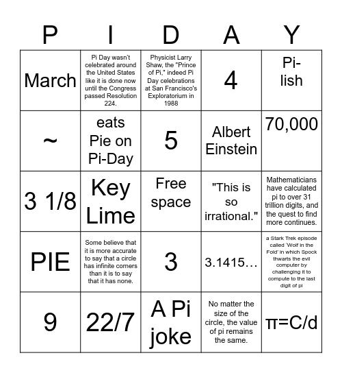 PI-DAY Bingo Card