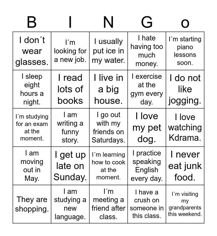 Present Simple vs Present Continuous Bingo Card