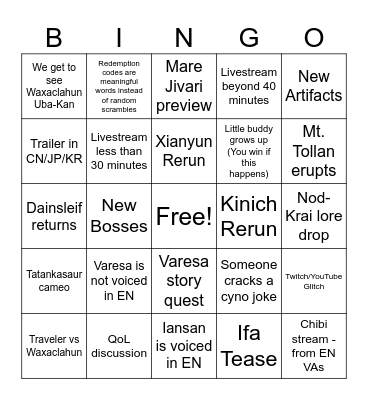 Genshin v5.5 livestream Bingo Card