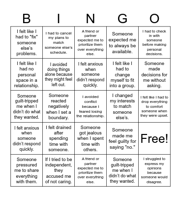 Relationship Bingo Card