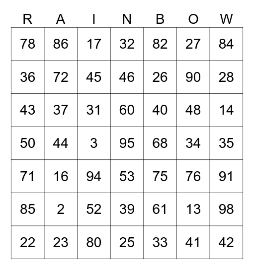 7x7 Number Bingo 1-100 Bingo Card