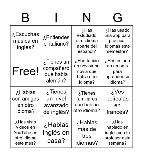 Bingo lingüístico Bingo Card