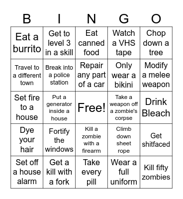 Zomboid Bingo Card