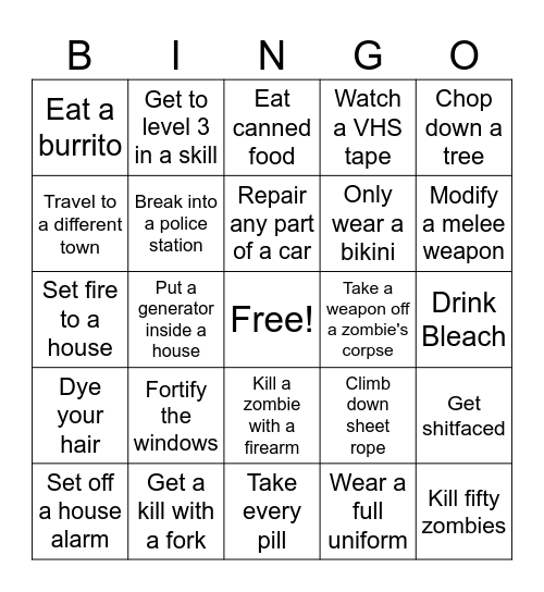 Zomboid Bingo Card
