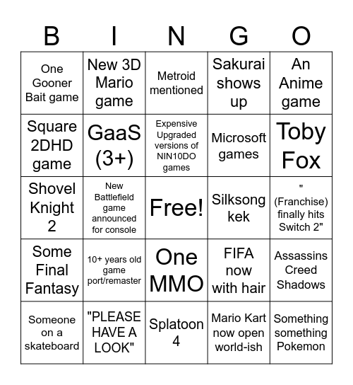 Switch 2 Showcase Bingo Card