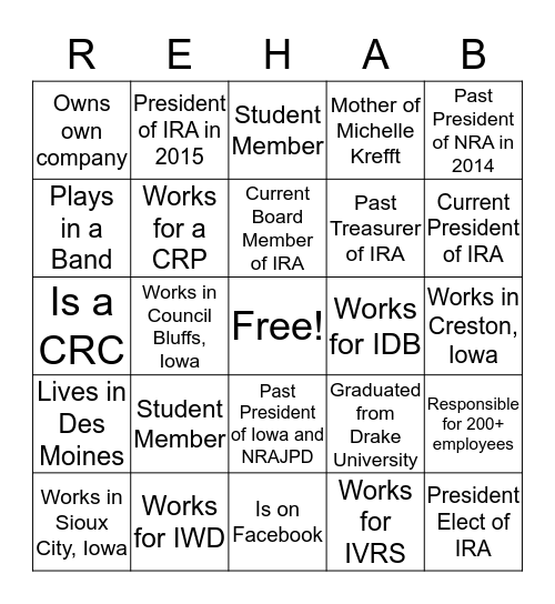 Rehab Bingo Card