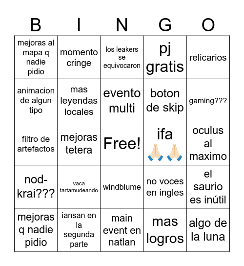 livestream Bingo Card