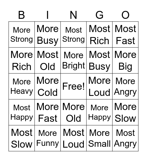 Suffix: -ER and -EST Bingo Card