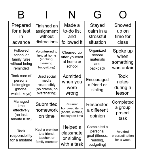 be responsible bingo Card