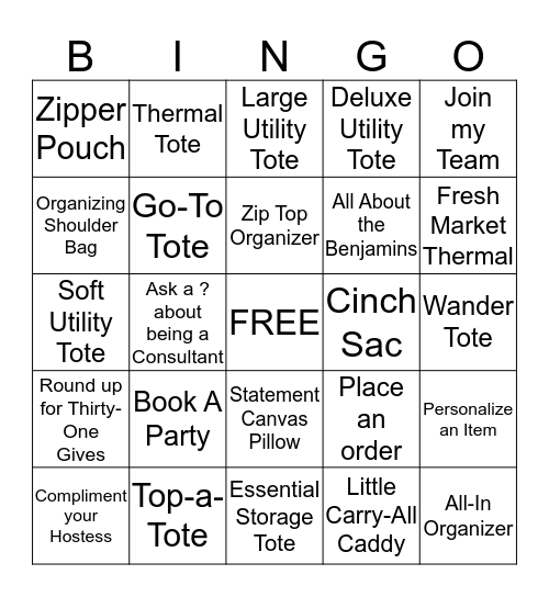 Thirty-One Bingo! Bingo Card