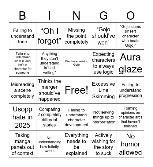 Arguing with a JJK Fan Bingo Card