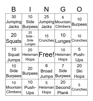 Fitness Bingo Card