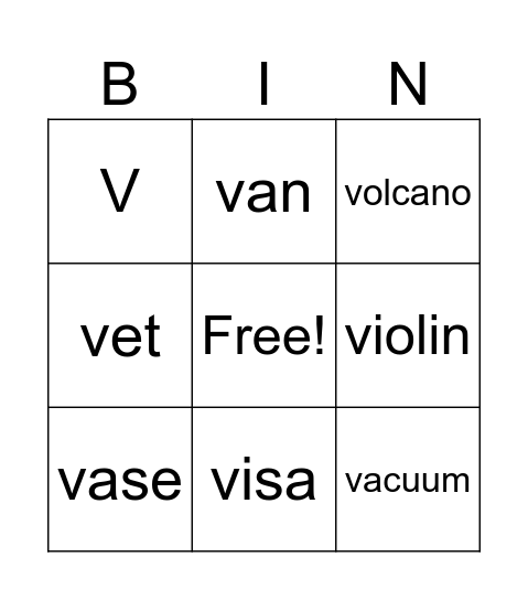 Letter V Bingo Card