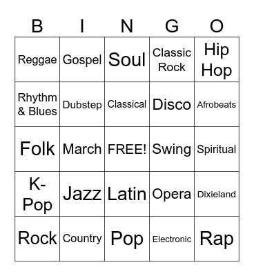 Music Genre Bingo Card