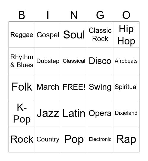Music Genre Bingo Card