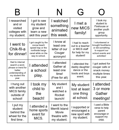 Parenting this school year… Bingo Card