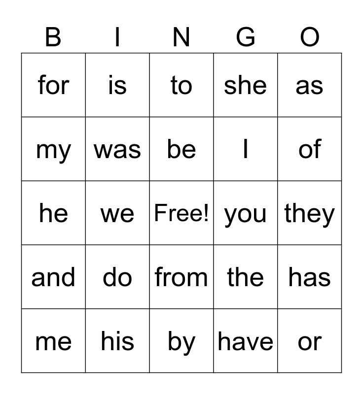 Sight Word Hunt Bingo Card