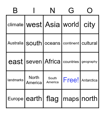 7 Continents Bingo Card