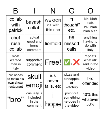 Albert can cook Bingo Card