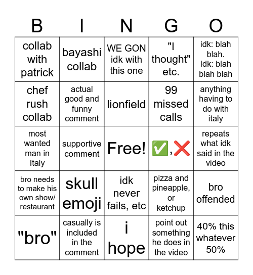 Albert can cook Bingo Card