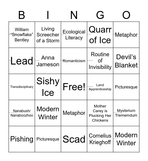Canada in The Winter Bingo Card