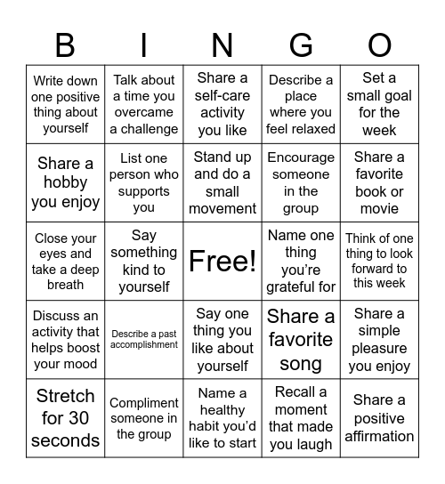 Behavioral Activation Bingo Card