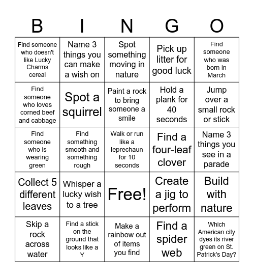 Nature and St. Patrick's Day Bingo Card