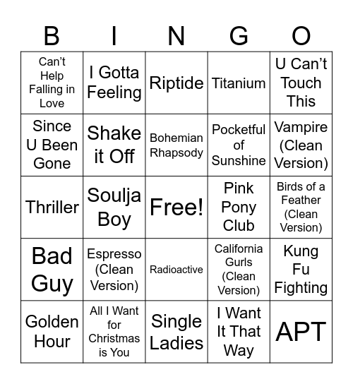 Name that Tune Bingo Card