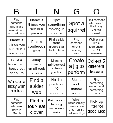 Nature and St. Patrick's Day Bingo Card