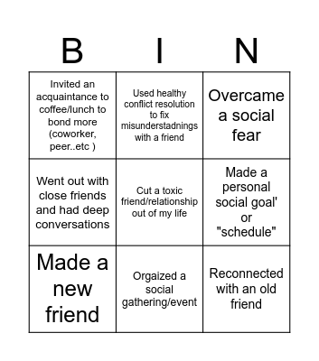 Social Life Bingo Card
