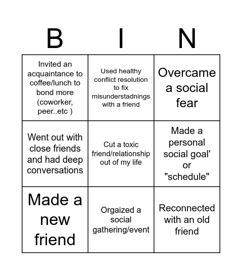 Social Life Bingo Card