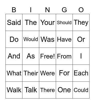 Heart Words Bingo Card