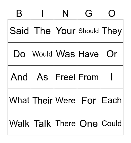 Heart Words Bingo Card