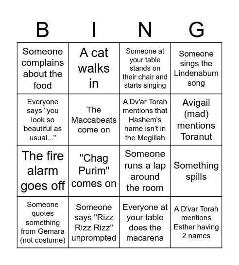 Purim Bingo Card