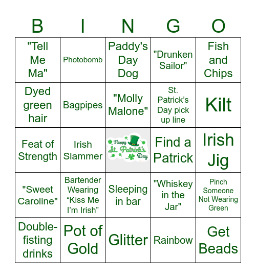 St Patrick's Day Bar Crawl Bingo Card