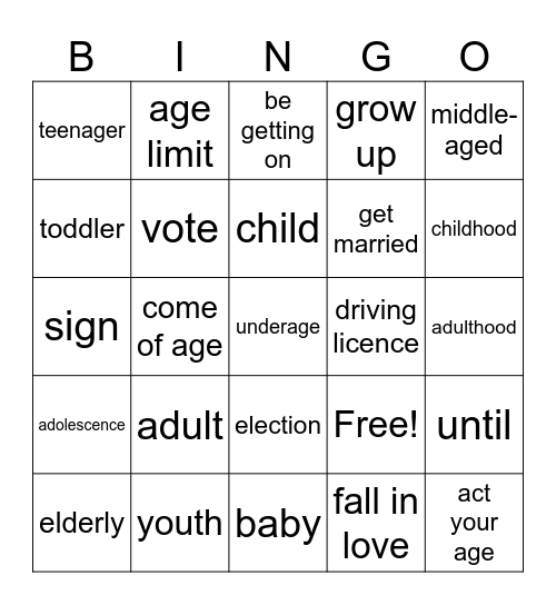Growing up Bingo Card