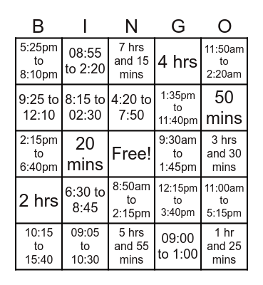 Elapsed Time Bingo Card