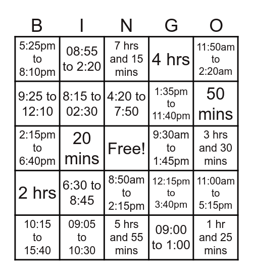 Elapsed Time Bingo Card
