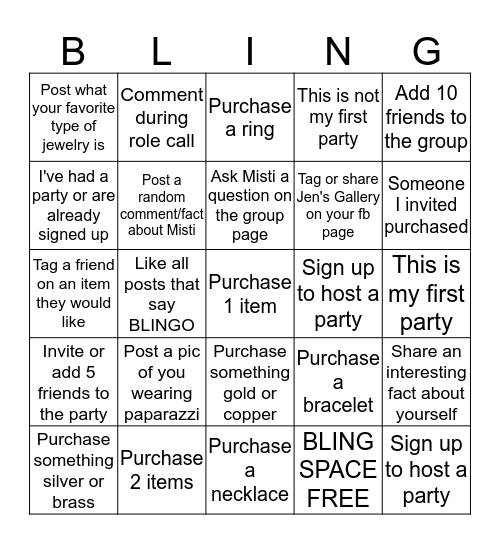 Misti's BLINGO Party Bingo Card