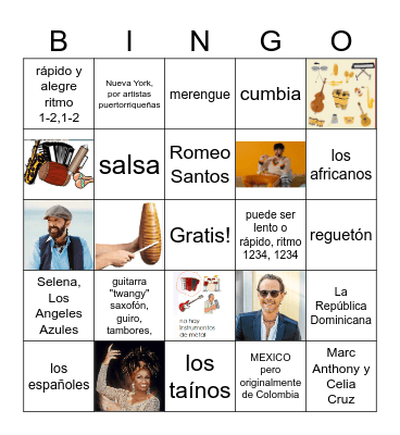 La Música Popular en español Bingo Card
