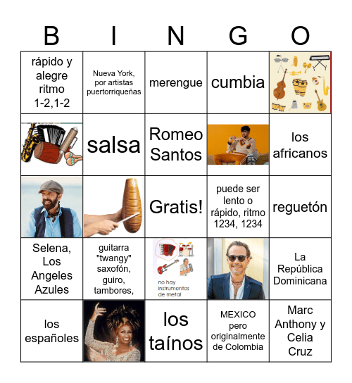 La Música Popular en español Bingo Card