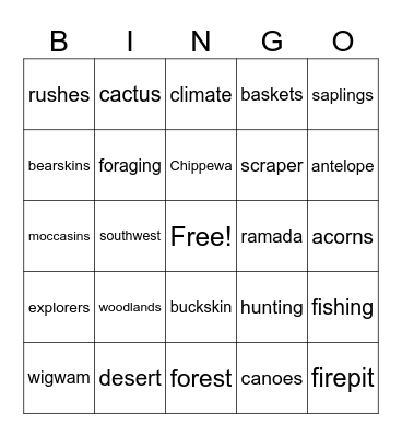 Woodland and Desert People Bingo Card