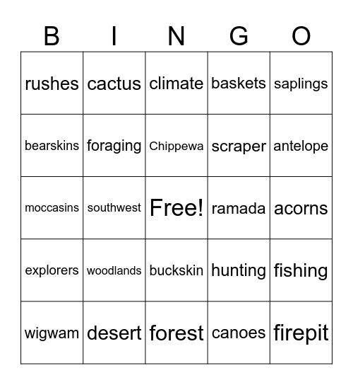 Woodland and Desert People Bingo Card